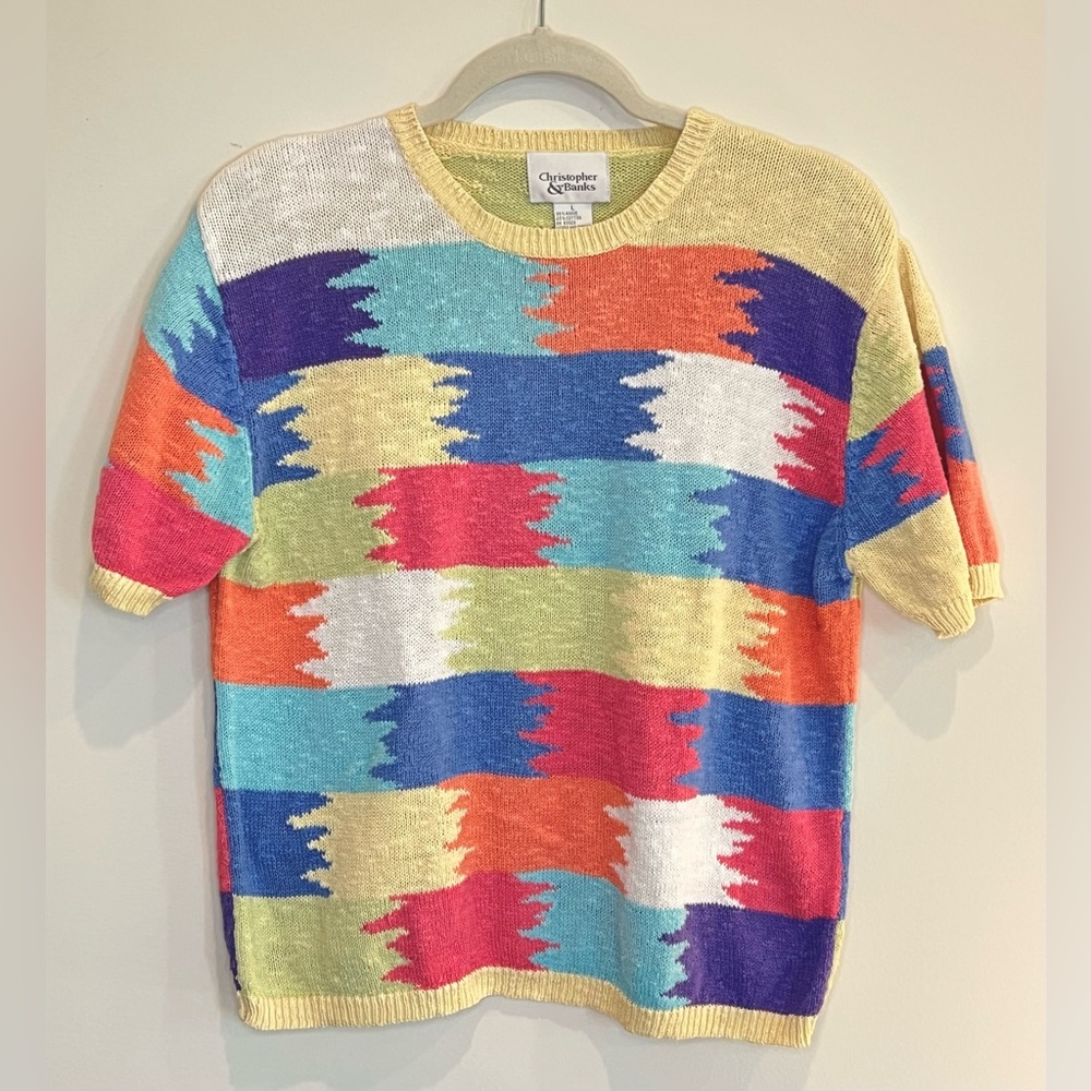 Vintage Christopher & Banks Patchwork Knit Short Sleeve Sweater